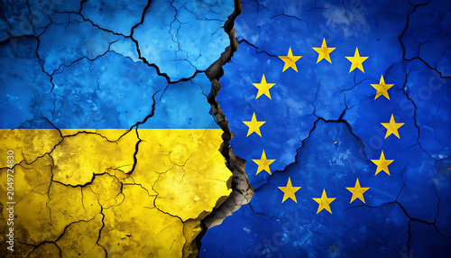 Ukraine flag and European Union flag cracked and separated, symbolizing political conflict, war, and broken relations, on a textured background