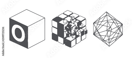 Obraz na plátně Three geometric shapes cube with letter O exploding cube and wireframe polyhedro