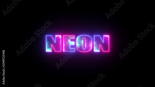 Glowing neon sign with the word neon in bright pink and blue against a dark background, with light text illumination electric energy