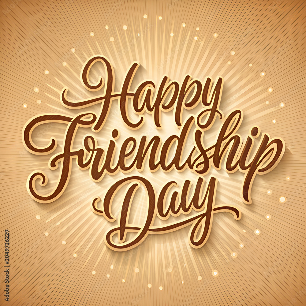 Obraz premium Happy Friendship Day graphic design with decorative sunburst background. Typography celebrates friendship with a sunburst effect on a warm beige backdrop.