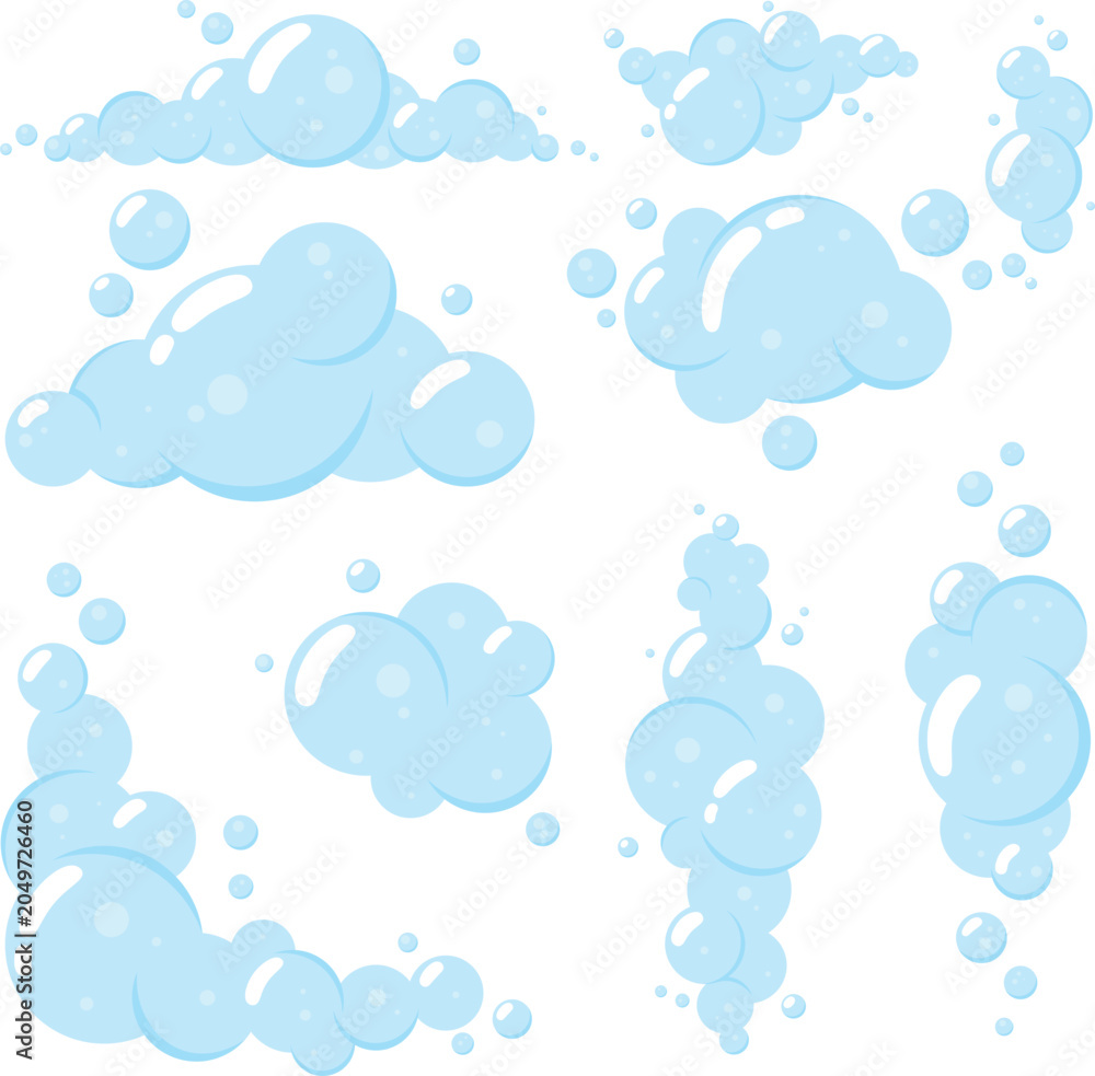 Fototapeta premium Soap Bubble Foam Collection with Blue Water Bubbles and Cleaning Foam Elements
