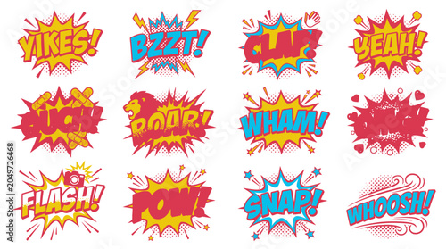 Dynamic cartoon sound effects and speech bubbles set.
