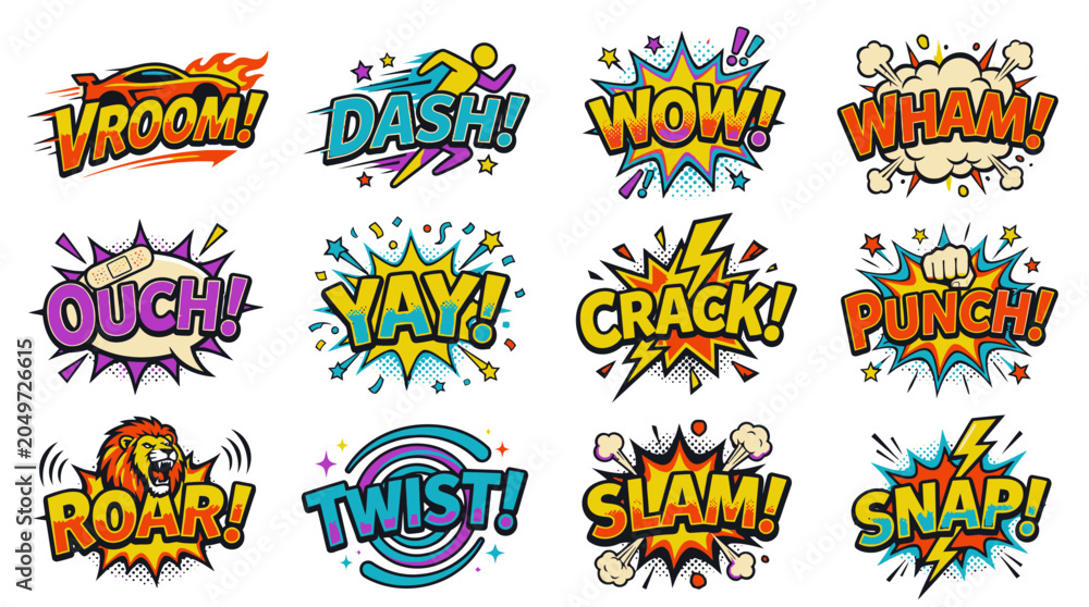 Fototapeta premium Dynamic comic action words and colorful explosion bubbles.