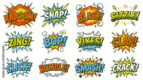 Dynamic comic action words including kaboom snap and blast.