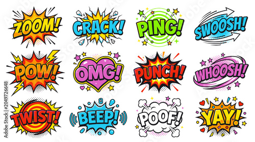 Dynamic comic book action sound words and speech bubbles.