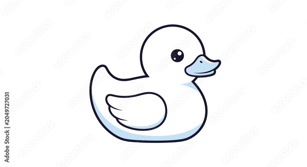 Fototapeta premium Cute white rubber duck toy with large black eyes and a blue beak shown in a simple cartoon style with bold outlines.
