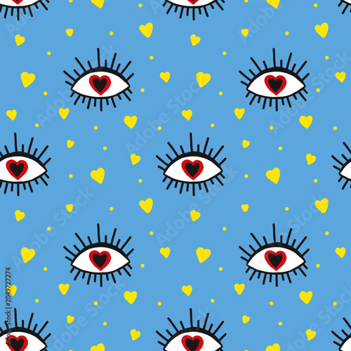 Mystic evil eye seamless pattern with hearts, pop art vector background in psychedelic style