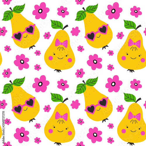 Kawaii pear characters seamless pattern, fruit vector