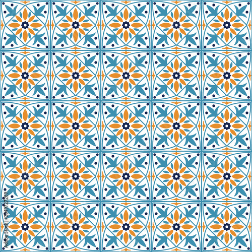 Mediterranean ceramic tile seamless pattern, Portuguese azulejo vector background ornament