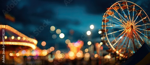 Illuminated Ferris wheel and carousel at a nighttime carnival with bokeh lights