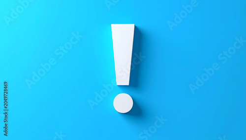 Plakat w ramie White exclamation mark on solid blue background, modern minimal design, clean composition, soft subtle shadow, flat design style. Close-up.