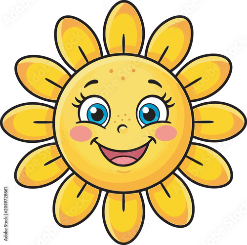 Quadro em tela Smiling cartoon sun with blue eyes and rosy cheeks