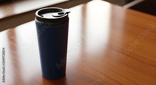 Blue travel mug on wooden table