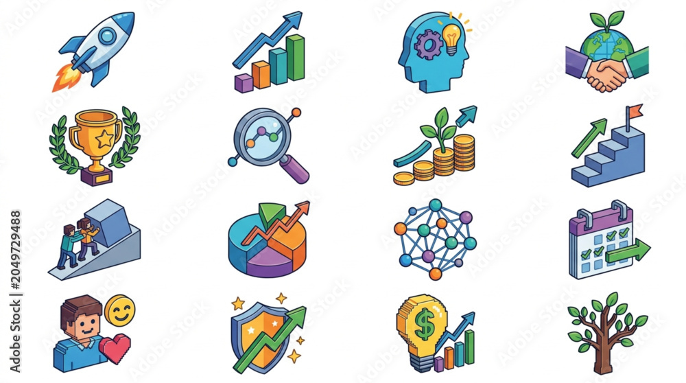 Fototapeta premium Collection of business and finance isometric icons for digital presentation.