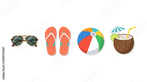 A summer vacation scene with sunglasses, flip flops, beach ball, and coconut drink on the beach