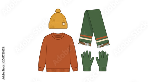Winter clothing items arranged neatly on a plain background