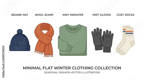 A minimal flat winter clothing collection with beanie hat, wool scarf, knit sweater, knit gloves, and cozy socks on display.