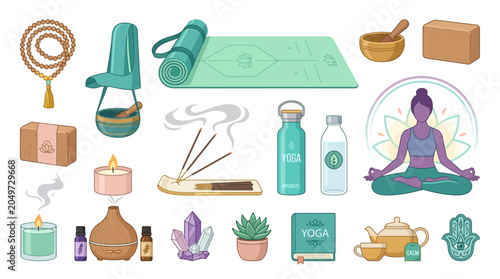A woman practices yoga with various wellness items around her on a mat indoors.
