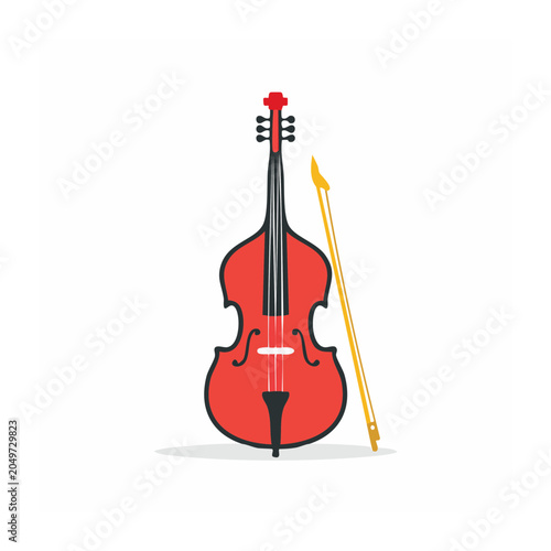 Red double bass with bow, flat design illustration