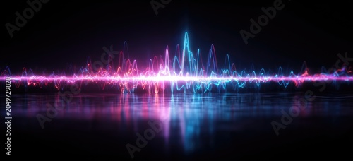 Neon sound wave visualizer with vibrant pink and blue lights reflecting