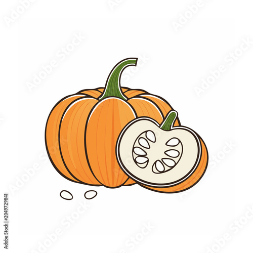 Whole and sliced pumpkin with seeds