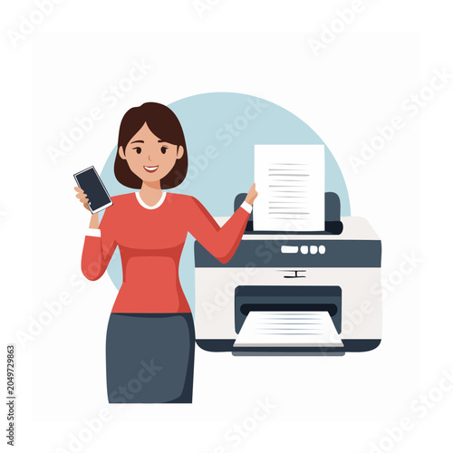 Woman holding smartphone near printer with paper