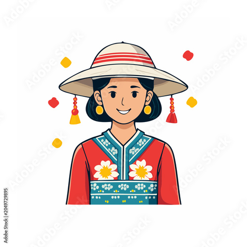 Woman in traditional hat and clothing, flat design illustration