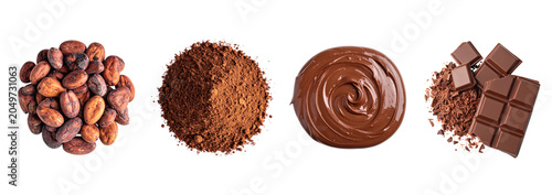 Bean to Bar Chocolate Manufacturing Sequence with Four Production Stages Isolated on Transparent Background