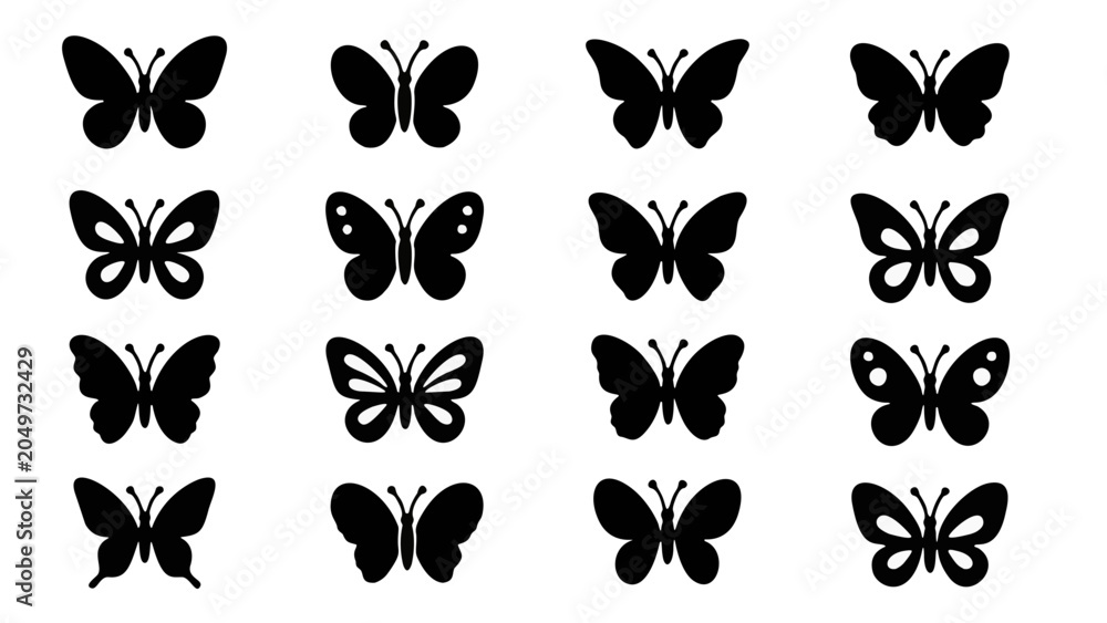 Fototapeta premium Clean vector collection of butterfly silhouette icon isolated on white background.
