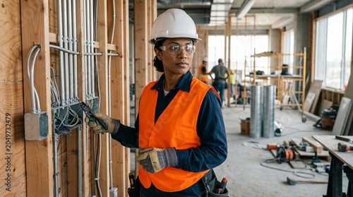 Female electrician portrait in commercial renovation site with safety gear