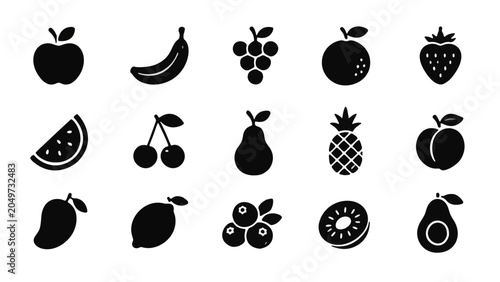 Clean vector collection of fruit and healthy food icon isolated on white background.