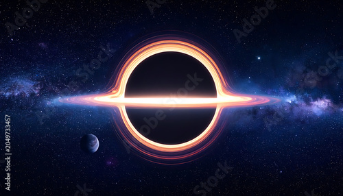 Vibrant accretion disk surrounds a black hole in deep space, with stars and a distant planet, cosmic, astronomical