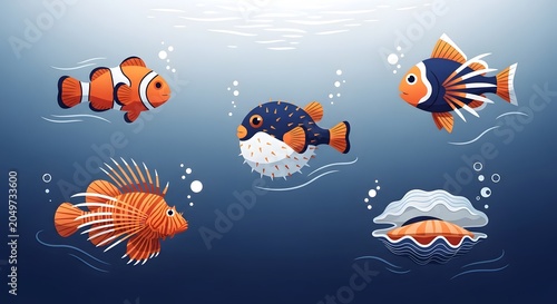 Tropical fish and oyster in underwater environment