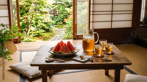古民家の縁側で楽しむ冷たい麦茶とスイカの日本の夏風景