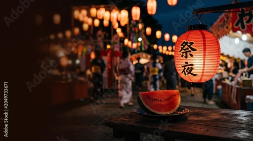 提灯煌めく夏の夜祭りと浴衣の人々