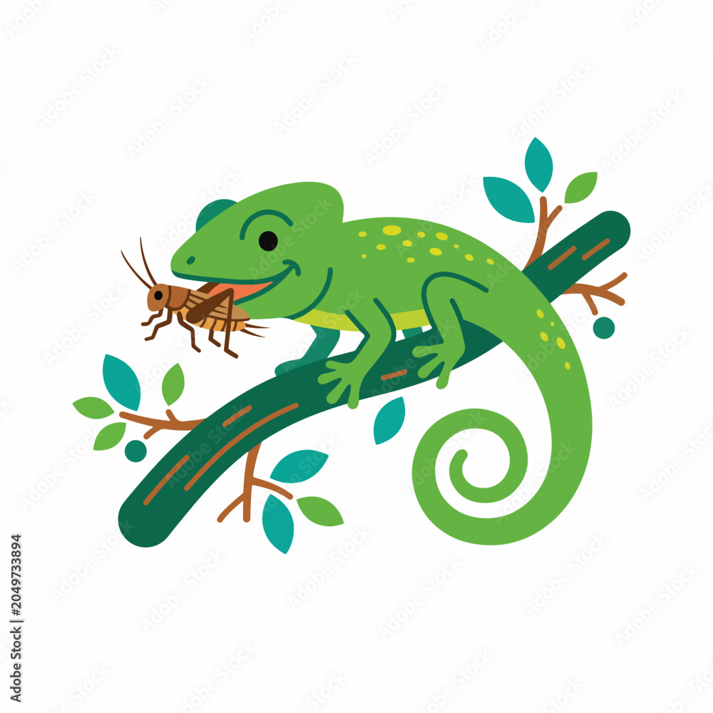 Fototapeta premium Green lizard eating cricket insect on a branch. Reptile feeding concept. Flat vector illustration isolated on white background