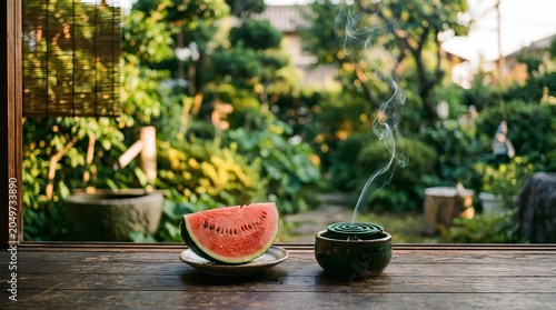 日本の夏の風物詩・縁側のスイカと蚊取り線香