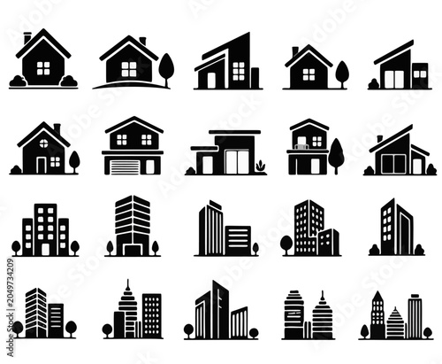 Clean vector collection of real estate building icon isolated on white background.