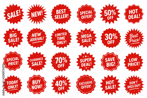 Clean vector collection of sale discount badge isolated on white background.