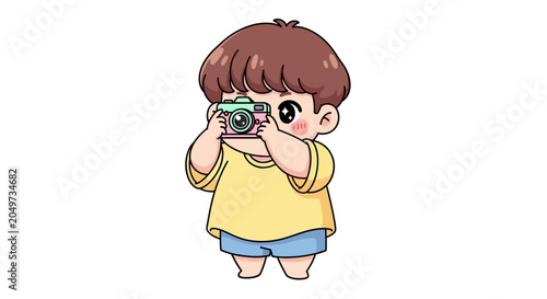 Young cartoon child happily taking a photo outdoors.