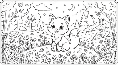 Photography Woodland animal line art illustration of a happy little fox in a magical meadow for children coloring book