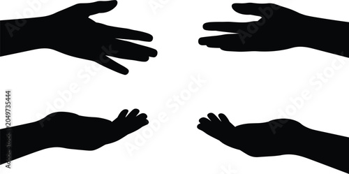 Bilde på lerret Black silhouettes of open hands in various gestures on a white background Keywor