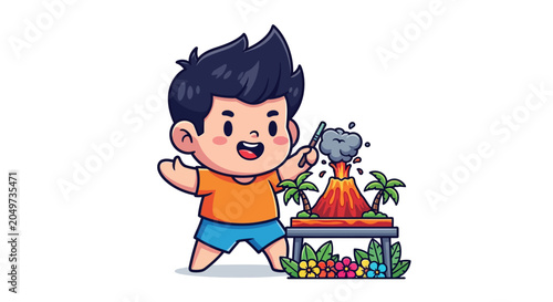 Happy cartoon boy playing with colorful toy volcano set.