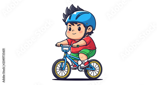 Happy cartoon boy riding a small blue bicycle cheerfully.