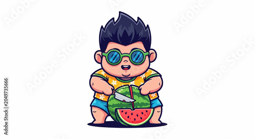 Cute cartoon character enjoying watermelon slice outdoors.