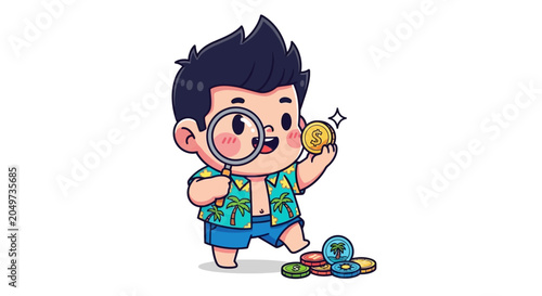 Cartoon boy examining colorful objects with magnifying glass.
