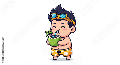 Cartoon character enjoying tropical drink with goggles and swimsuit.