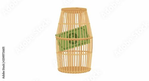 Handcrafted bamboo lantern with green diagonal accents.