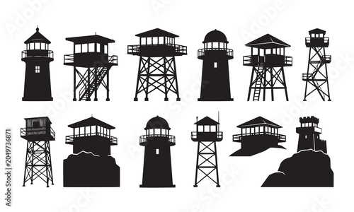 Set of various watchtower silhouettes for security, observation, and industrial surveillance.