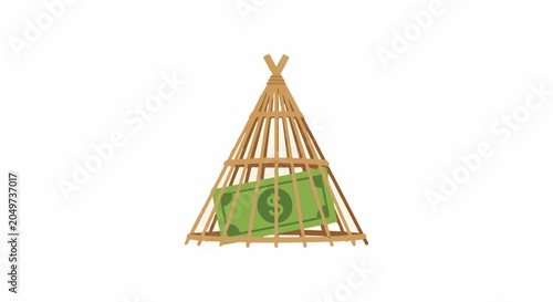 Conceptual teepee structure made of dollar bills illustration.